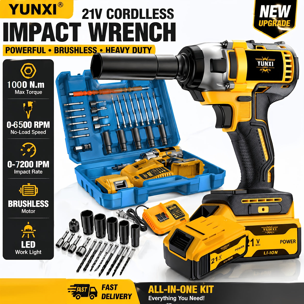 21 Volt Wireless Impact Wrench Drill Set, Heavy-duty Impact Drill, Optional 2AH/4AH Battery, Toolbox, Charger, And Complete Set Of Drill Bit Accessories, Suitable for Car Repair And Heavy-duty DIY, Is The Perfect Gift for Male Fathers