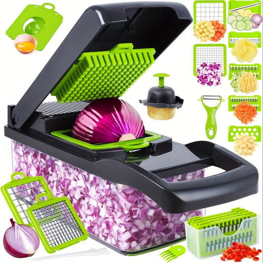 1pc Vegetable Chopper, Plastic Manual Food Chopper, 16-in-1 Multifunctional Kitchen Slicer and Dicer with 8 Blades and Container, for Fruits and Vegetables, 1-10L Capacity