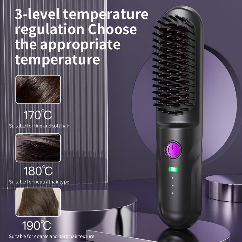 Portable 3-minute Quick-heat Wireless Straightening Comb with Constant Temperature Hair Protection. Three Temperature Settings: 170°C, 180°C, 190°C. 3D Three-dimensional Tooth Comb Design, Negative Ion Technology. Lightweight and Compact, Perfect for