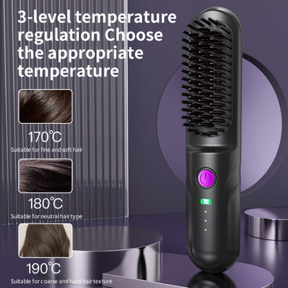 Portable 3-minute Quick-heat Wireless Straightening Comb with Constant Temperature Hair Protection. Three Temperature Settings: 170°C, 180°C, 190°C. 3D Three-dimensional Tooth Comb Design, Negative Ion Technology. Lightweight and Compact, Perfect for