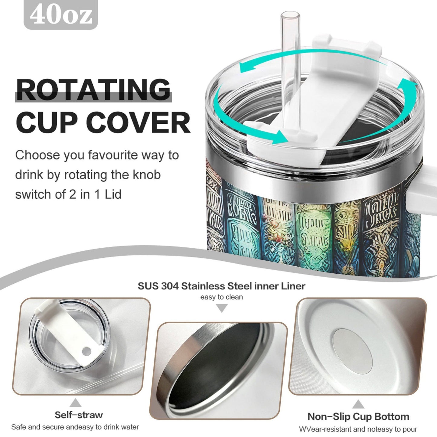1pc 40oz Vibrant Bookshelf Art Tumbler, Double Wall Vacuum Insulated Travel Mug, Spill Proof Lid, Gift for Dad, Mom, Ideal for Christmas, Father's Day, Birthday Gift, Coffee Cup