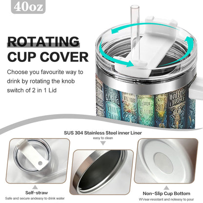1pc 40oz Vibrant Bookshelf Art Tumbler, Double Wall Vacuum Insulated Travel Mug, Spill Proof Lid, Gift for Dad, Mom, Ideal for Christmas, Father's Day, Birthday Gift, Coffee Cup