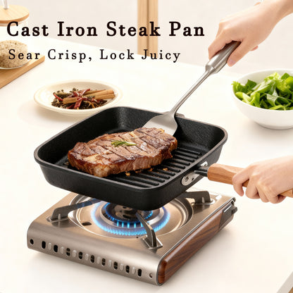 1 Cast Iron Steak Frying Pan, Non Stick Frying Pan, Striped Design, Thick Wooden Handle, Perfect For Grilling And Sauce Locking - Meat, Pancakes, Eggs - Versatile And Durable Kitchen Utensil, Suitable For Gas Stoves, Home And Outdoor Camping