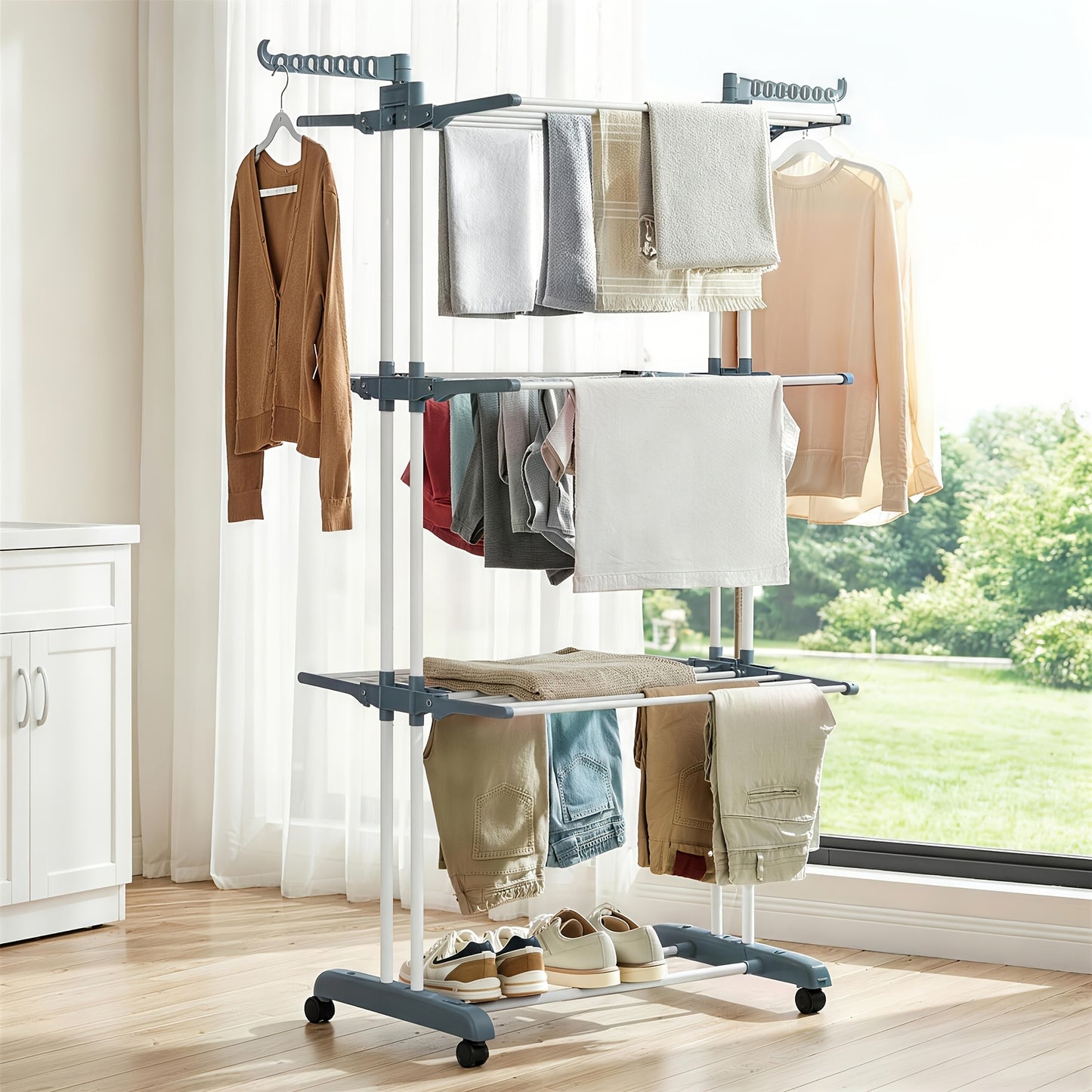4-Tier Large Clothes Drying Rack - Foldable Frame with Smooth Rolling Casters - Holds 30+ Garments & Adjustable Shelf Heights - Sturdy Metal Laundry Organizer for Small Spaces, Bathroom, Nursery, Drying Racks