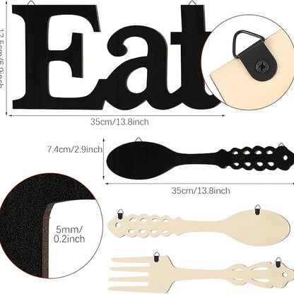 Set Of EAT Sign, Fork And Spoon Wall Decor, Rustic Wood Eat Decoration, Cute Eat Letters for Kitchen And Home, Decorative Hanging Wooden Letters, Country Wall Art for Dining Room (Black)