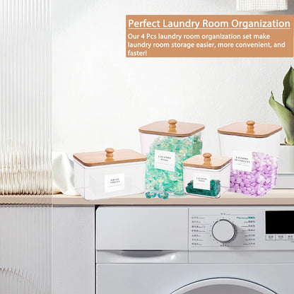Containers for a Set of Four Laundry Pods, Designed for Storing Laundry Detergent And Organizing The Laundry Area, Complete with Lids, Scoops, And Labels for Detergent, Dryer Balls, And Bead Containers