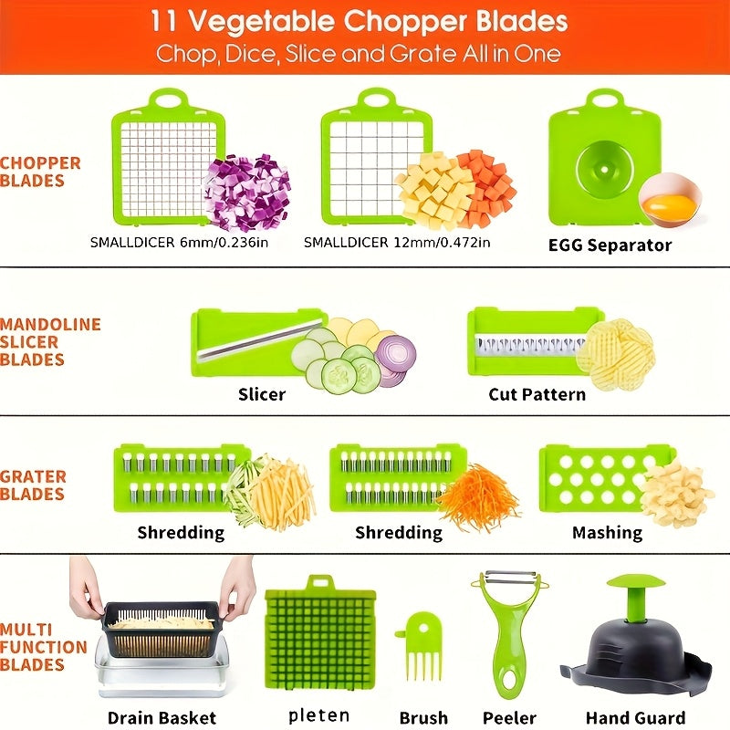 1pc Vegetable Chopper, Plastic Manual Food Chopper, 16-in-1 Multifunctional Kitchen Slicer and Dicer with 8 Blades and Container, for Fruits and Vegetables, 1-10L Capacity