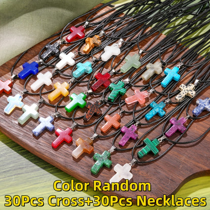 Crystal Natural Stone Pendant Necklace Set Bulk 60Pcs 30Sets Hexagonal Shaped Assorted Color for Jewelry Making Craft DIY Daily Wear Gift