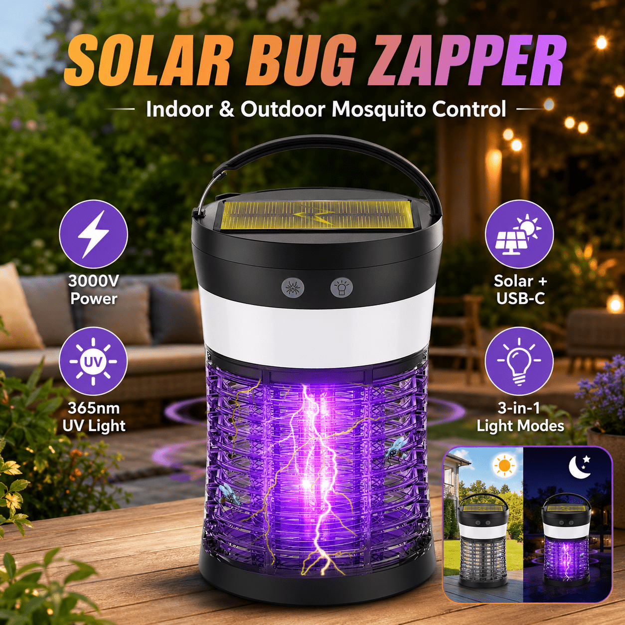 Solar Bug Zapper Electric 3-in-1 – 3000V UV 365nm Mosquito Killer Rechargeable Insect Fly Trap with White Light & Flashlight, 2100 Sq Ft Coverage for Indoor Outdoor Home Patio Backyard Camping – Black
