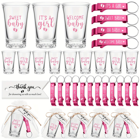 Baby Shower Party Favors 96pcs for 24 Guests - Shot Glasses Bottle Openers Thank You Tags Organza Bags Pink Gender Reveal Return Gifts Boy Girl Shower Prize Set