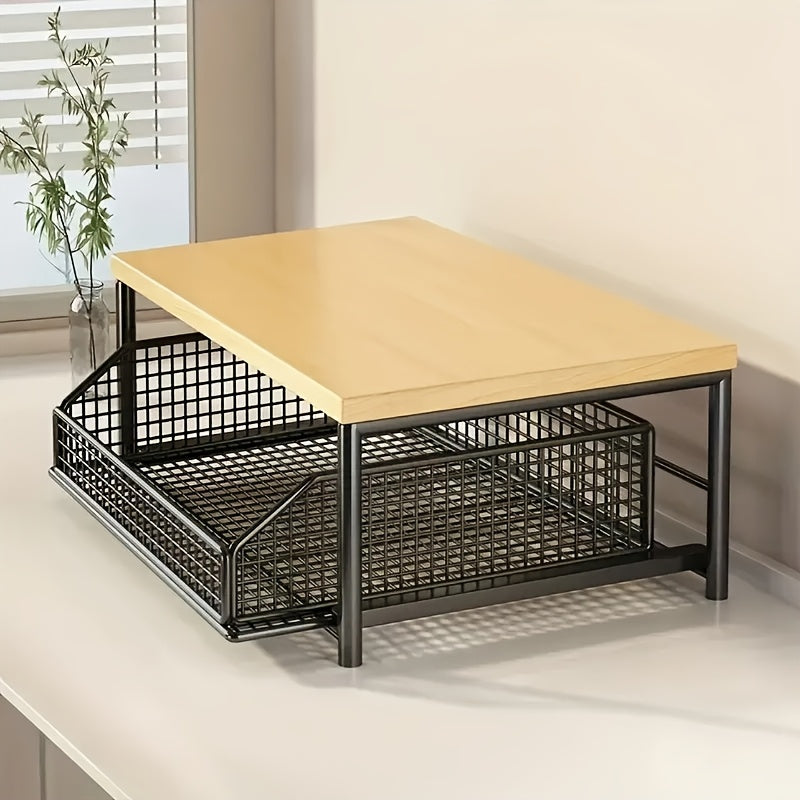 PMMJ 2-Tier Kitchen Organizer, 2-Tier Space-Saving Kitchen Countertop Organizer With Drawer And Wire Basket, Sturdy Hardwood And Metal Storage Shelf For Coffee Maker, Utensils, Spices, Durable Home Organization, Microwave Shelf, Utility Racks