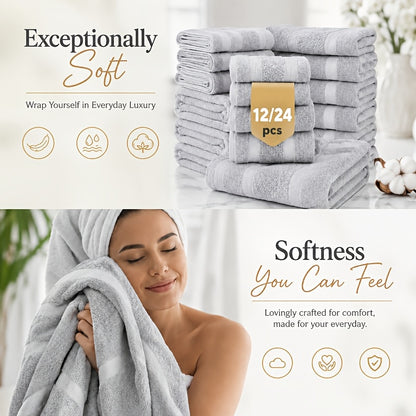 Luxury 12/24pcs Bath Cloths Set, Hotel Quality Thick Bath Cloths | Highly Absorbent & Quick-Dry | 4 Bath Cloths & 6 Hand & 2 Washcloths, Cotton For Hotel Spa Gym & Home Bathroom Essentials, Wash Cloths