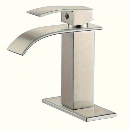 Waterfall Bathroom Sink Faucet, Single Hole or 3-Hole Mixer Tap with 6" Deck Plate, Ceramic Valve, Vanity Faucet for Farmhouse RV Bathroom, Brushed Gold Matte Black Nickel Chrome
