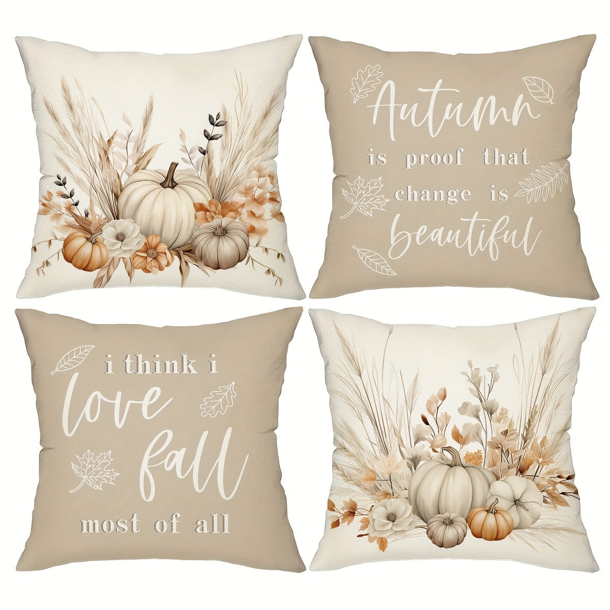 4pcs, Boho Wildflowers Fall Throw Pillow Covers, Autumn Pumpkin Harvest Home Decor Cushion Covers, 18in*18in, Rustic Styel Farmhouse Thankful Grateful Decor PillowCases for Porch Patio Couch Sofa Living Room Outdoor, Set Of 4, Without Pillow Inserts