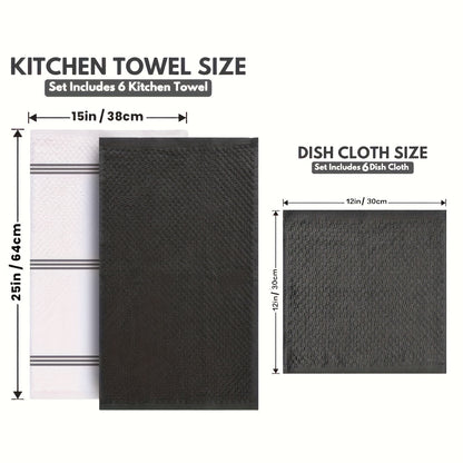 12pcs 100% Cotton Kitchen Towel Set | 6 Hand Towels (15" X 25"), 6 Wash Towels (12" X 12") - Striped Weave, Absorbent & Durable Dish Towels For Cooking, Cleaning & Drying - Perfect For Christmas & Holiday Kitchens