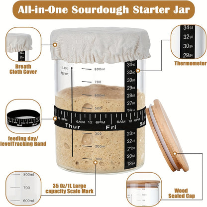 2pcs-24Oz, Sourdough Starter Jar Bread Starter Kit 2 Pack with Silicone Scraper, Bread Scraper, Thermometer Strip, Date Marked Feeding Band, Cloth Cover And Wood Lid.Reusable for Bread