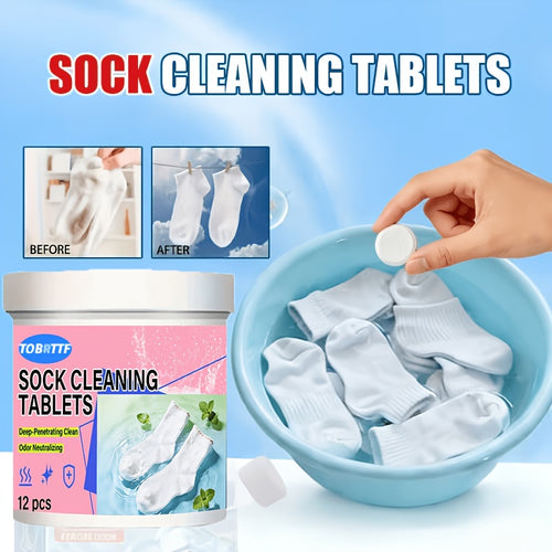 Sock Cleaning Tablets - Deep Penetration Cleaning And Odor Neutralization for Dirty Socks, Removing Sweat, Stains, And Smells (12 Tablets) | Sock Laundry Soaking Tablets | No Scrubbing Required