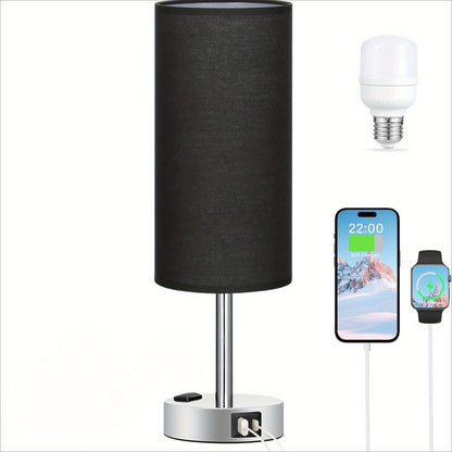 Dimmable Table Lamps With USB Charging Ports & AC Outlet, 3-Way Switch Control Bedside Nightstand Lamps, Wood/Metal Base, Modern Desk Lamps For Bedroom, Living Room, Office, Bulbs Included (1/2 Pack)