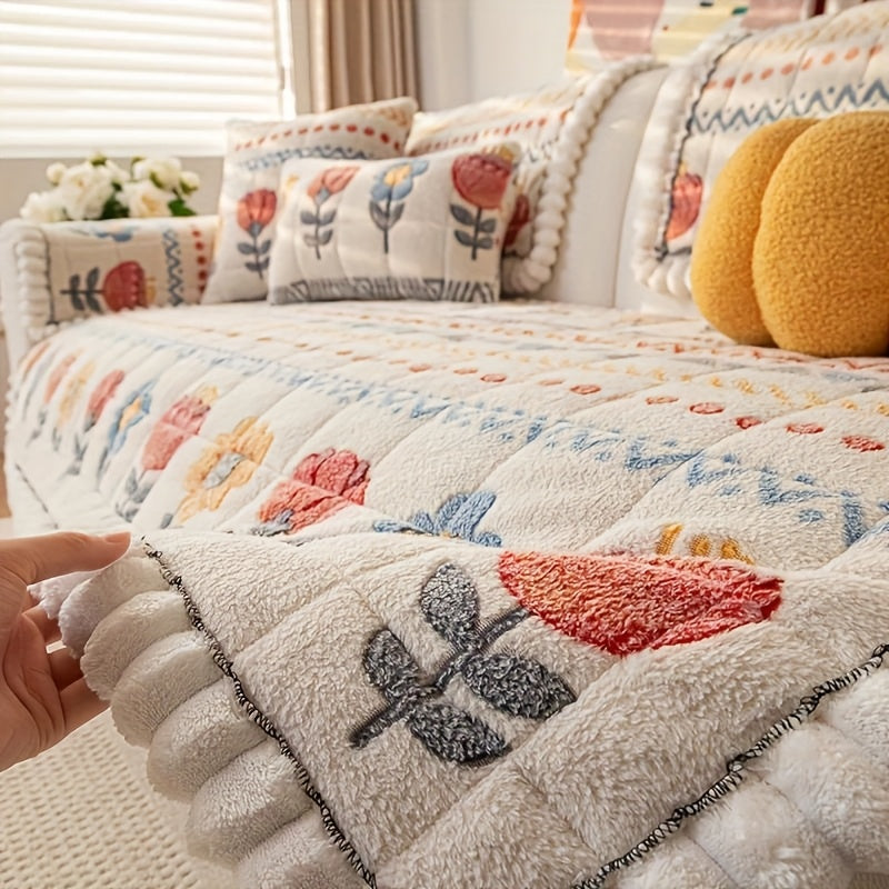 Bohemian Floral Quilted Sofa Cover - Thick Milk Fleece Warm Cozy Couch Protector Machine Washable with Ruffle for 2 3 4 Seater Living Room Decor, White