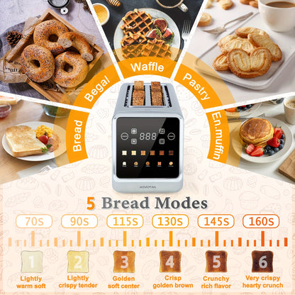 4-Slice Toaster Long Slot Stainless Steel – Touch Screen LED Display, 1.5" Wide Slots, Countdown Timer, Memory Function, Dual Control, 6 Shade Settings