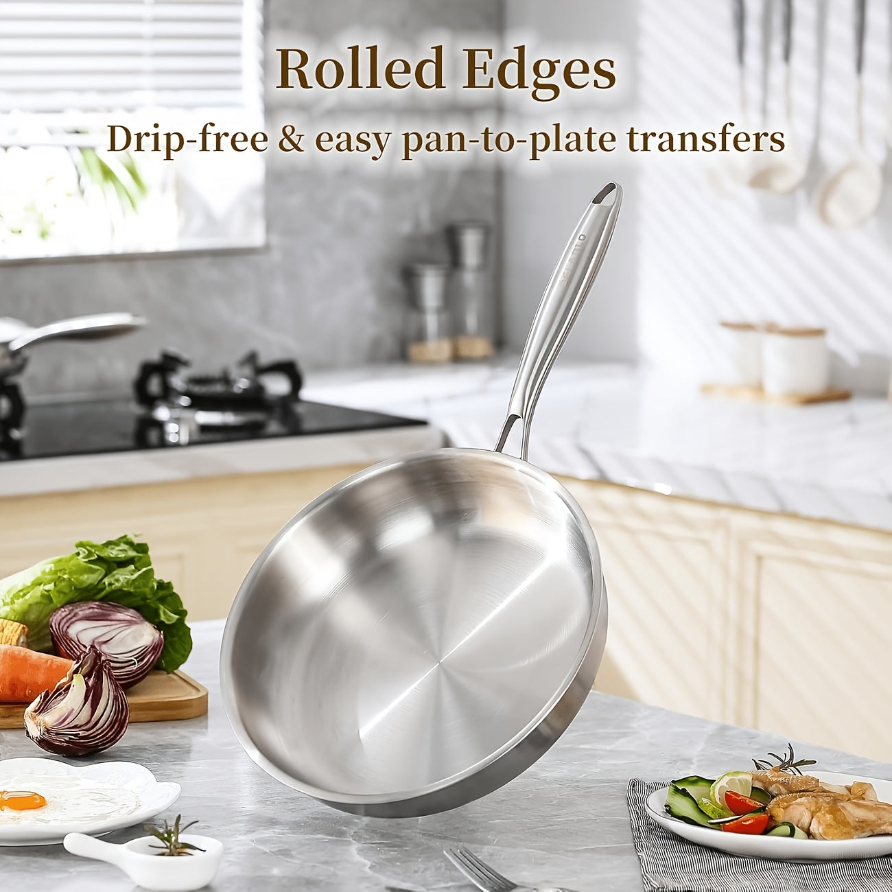 11in Triply Base Stainless Steel Frying Pan | Ergonomic Handle, Induction Compatible, Even Heat Distribution, Professional Restaurant Grade Cookware, 304 Stainless Steel, Dishwasher Safe