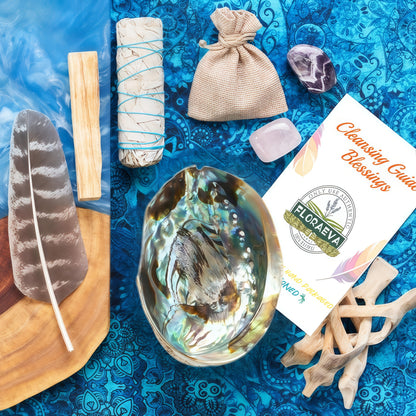 Floraeva Home Cleansing Set with White Sage, Holy Wood, Abalone Shell | Incense Feathers, Crystal Stone & Sage Sticks | for Protection, Positive Energy, Home Office Decor | Holiday Gift