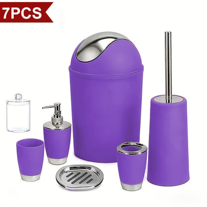 7pcs Luxury Bathroom Accessory Set - Premium Quality, Modern Style - Complete With Trash Can, Toilet Brush, Lotion Dispenser, Soap Dish, Mouthwash Cup & Toothbrush Holder - Space-Saving, Easy To Clean, Ideal For Bathroom Decor And Housewarming Gifts