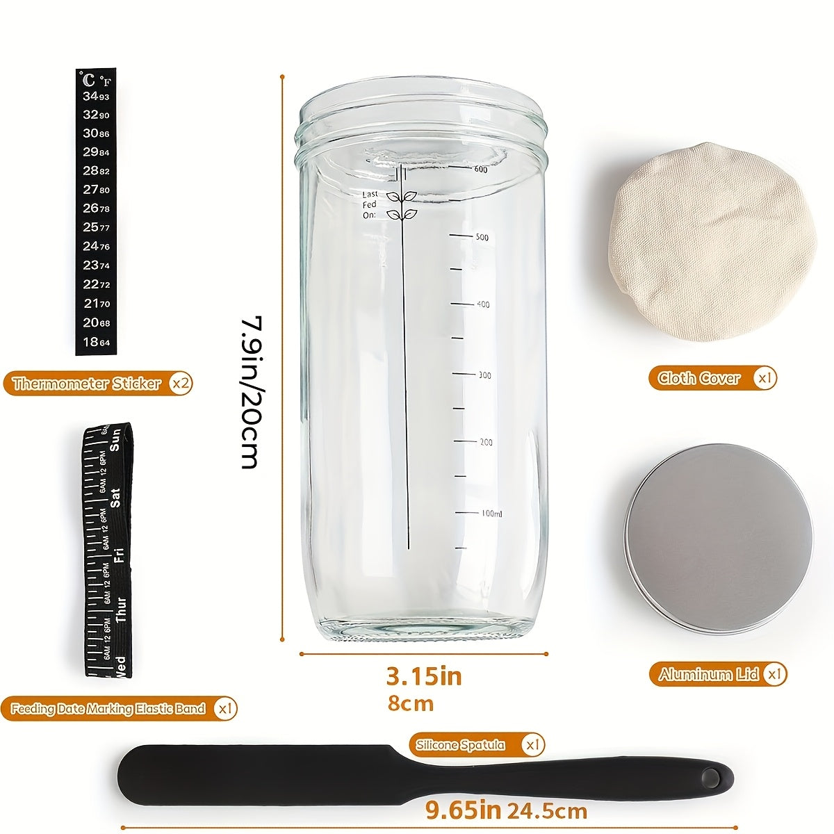 1/2pcs Fermentation Jar 24oz, Glass Jar with Auxiliary Label, Fermentation Jar Kit Set, Thermometer, with Scraper, Stitched Cloth Lid and Aluminum Lid, Suitable for Bread Baking Supplies, Juice Fermentation Glass Jar