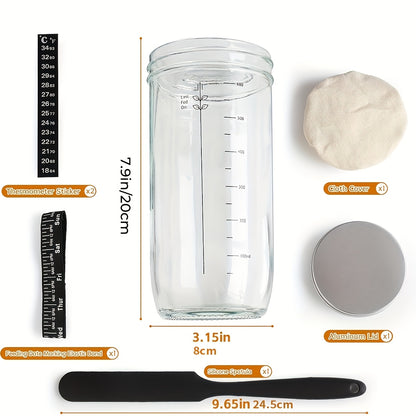 1/2pcs Fermentation Jar 24oz, Glass Jar with Auxiliary Label, Fermentation Jar Kit Set, Thermometer, with Scraper, Stitched Cloth Lid and Aluminum Lid, Suitable for Bread Baking Supplies, Juice Fermentation Glass Jar