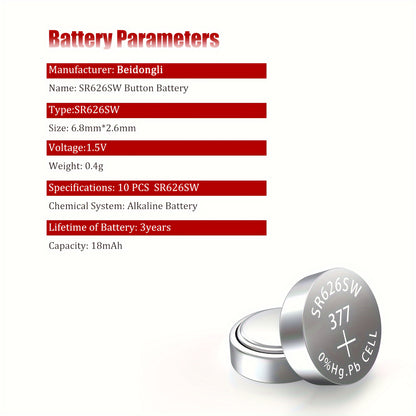 Watch Battery SR626SW 60pcs 1.55V Alkaline Button Cell 377 376 AG4 LR626 for Watches Calculators Remote Controls Small Electronics Bulk Pack