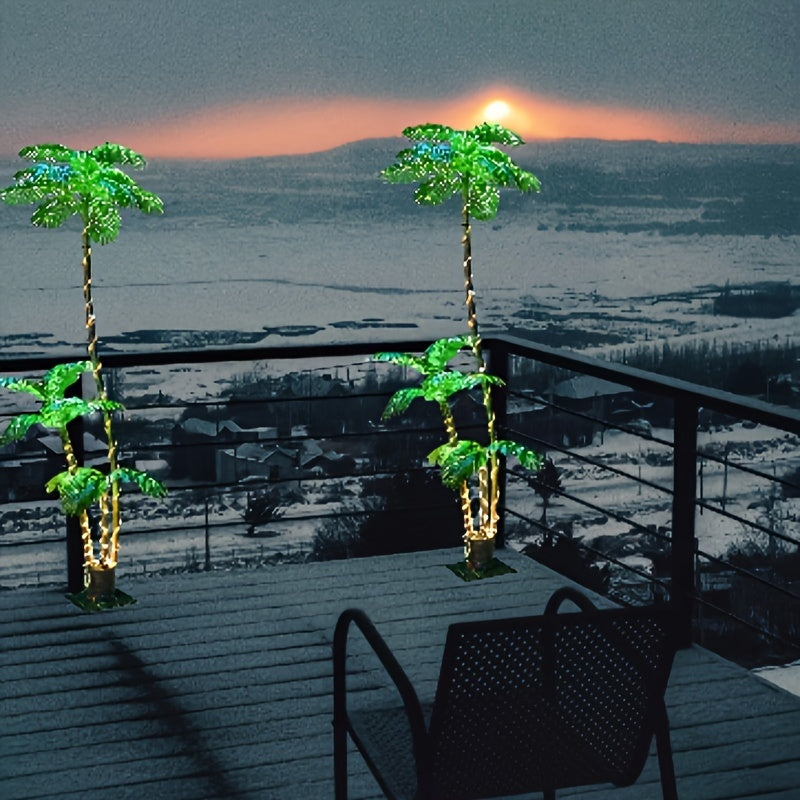 Solar 7FT Lighted Artificial Palm Tree With Three Trunks And 260 LED Lights - Ideal For Outdoor/Indoor Use, Perfect For Tiki Bars, Patios, Homes, Offices, Beaches, Yards Pool, Party