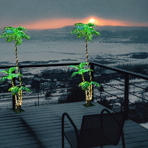 Solar 7FT Lighted Artificial Palm Tree With Three Trunks And 260 LED Lights - Ideal For Outdoor/Indoor Use, Perfect For Tiki Bars, Patios, Homes, Offices, Beaches, Yards Pool, Party