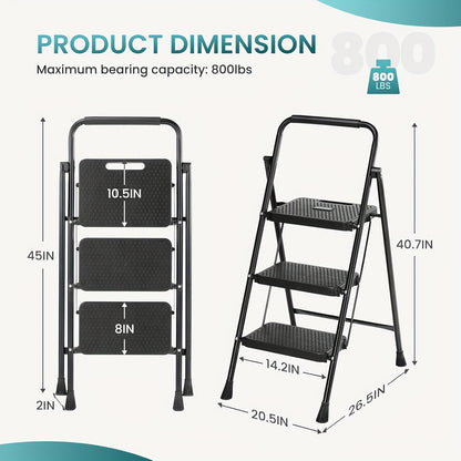 Step Ladder Shelves Heavy Duty Folding Step Stool with Wide Anti-Slip Pedal, 800lbs Storage Shelves Sturdy Steel Ladder Convenient Tool Lightweight Portable Steel Step Stool, 2 Steps 3 Steps, Festival Gifts, Black