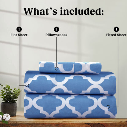 Lux Decor 4 Pieces Quatrefoil Bed Sheets - Stylish Comfy Bedding Set - Hotel Luxury Skin Friendly Cooling Sheets & Pillowcases Without Filler - Classic Collection With 16 Inches Deep Pocket - Shrinkage & Fade Resistant