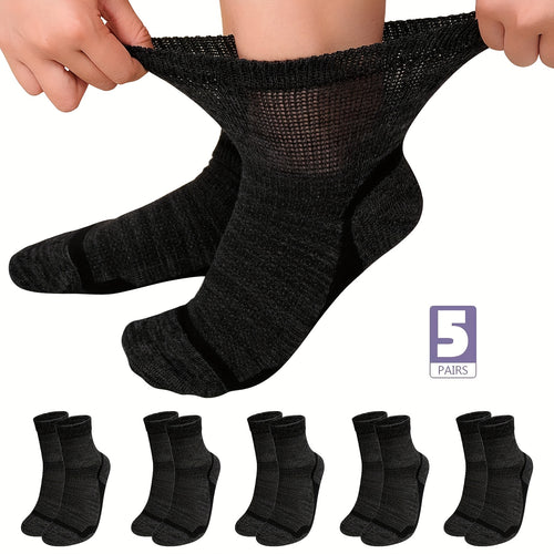 Wide Calf Socks 5 Pairs Loose Top Non-Binding Breathable Crew Socks for Men Women Plus Size Large Leg Edema Varicose Veins Comfort Fit M L Mixed Black