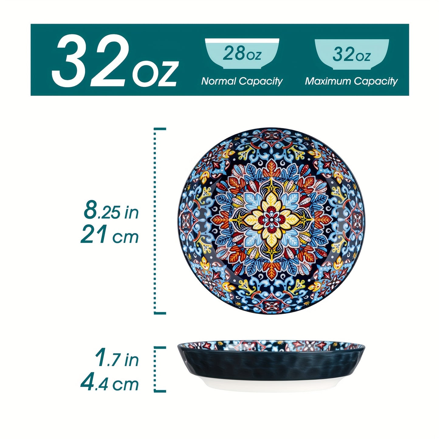 32 Oz Porcelain Bohemian Style Pasta Bowls | Set Of 6, Flower Pattern, Round Shape, Microwave Safe, Brand: VANCASSO