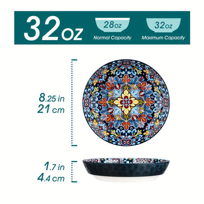 32 Oz Porcelain Bohemian Style Pasta Bowls | Set Of 6, Flower Pattern, Round Shape, Microwave Safe, Brand: VANCASSO