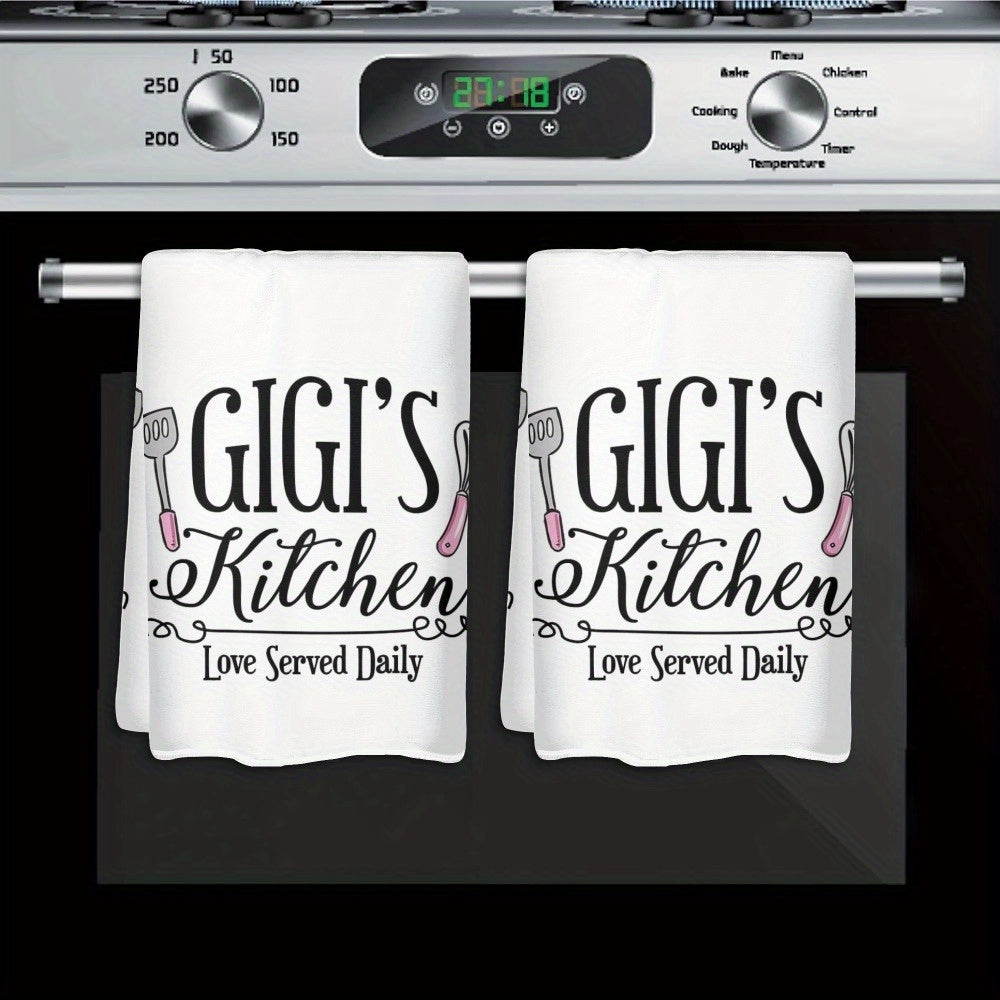 2pcs Gigi's Kitchen Polyester Dish Towels 23.6x15.7 Inch - Modern Cartoon Theme with Playful Utensil Graphics & "Love Served Daily" Text, Lightweight Decorative Hand Towels for Home & Hotel Use, Hand Wash Only, Kitchen Towels