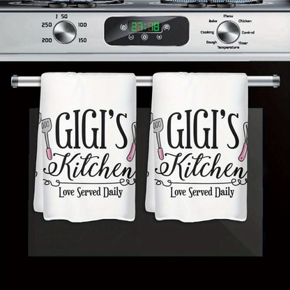 2pcs Gigi's Kitchen Polyester Dish Towels 23.6x15.7 Inch - Modern Cartoon Theme with Playful Utensil Graphics & "Love Served Daily" Text, Lightweight Decorative Hand Towels for Home & Hotel Use, Hand Wash Only, Kitchen Towels