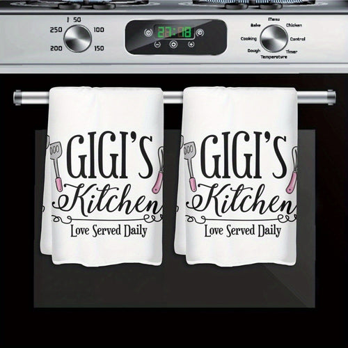 2pcs Gigi's Kitchen Polyester Dish Towels 23.6x15.7 Inch - Modern Cartoon Theme with Playful Utensil Graphics & "Love Served Daily" Text, Lightweight Decorative Hand Towels for Home & Hotel Use, Hand Wash Only, Kitchen Towels