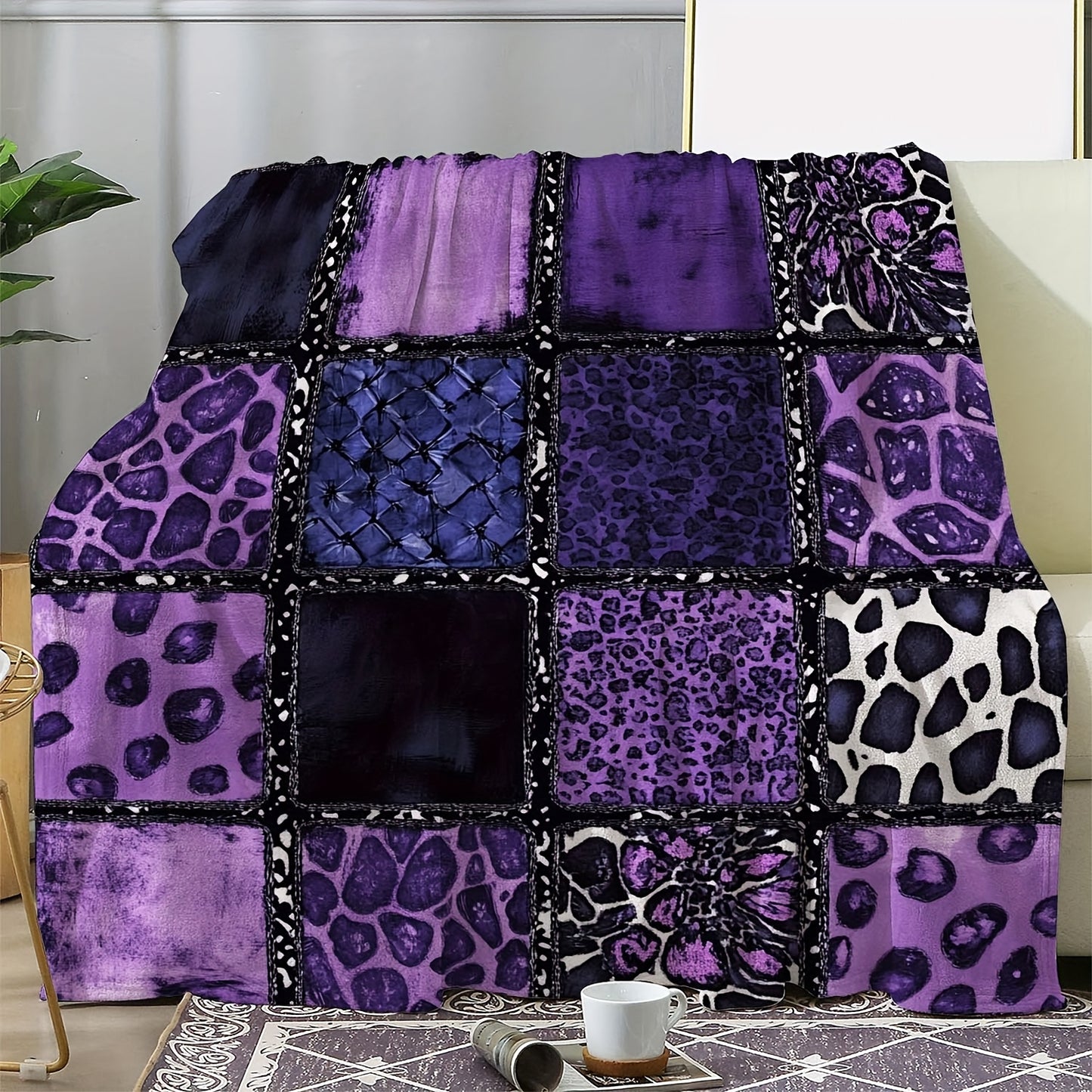 1pc [Everyday Comfort]Luxury Plush Flannel Throw Blanket with Vibrant Purple Leopard Stitching - Soft, Warm And Cozy for Sofa, Car, Office, Camping And Travel - Ideal All-Season Gift