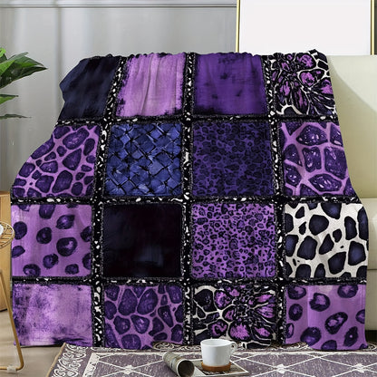 1pc [Everyday Comfort]Luxury Plush Flannel Throw Blanket with Vibrant Purple Leopard Stitching - Soft, Warm And Cozy for Sofa, Car, Office, Camping And Travel - Ideal All-Season Gift