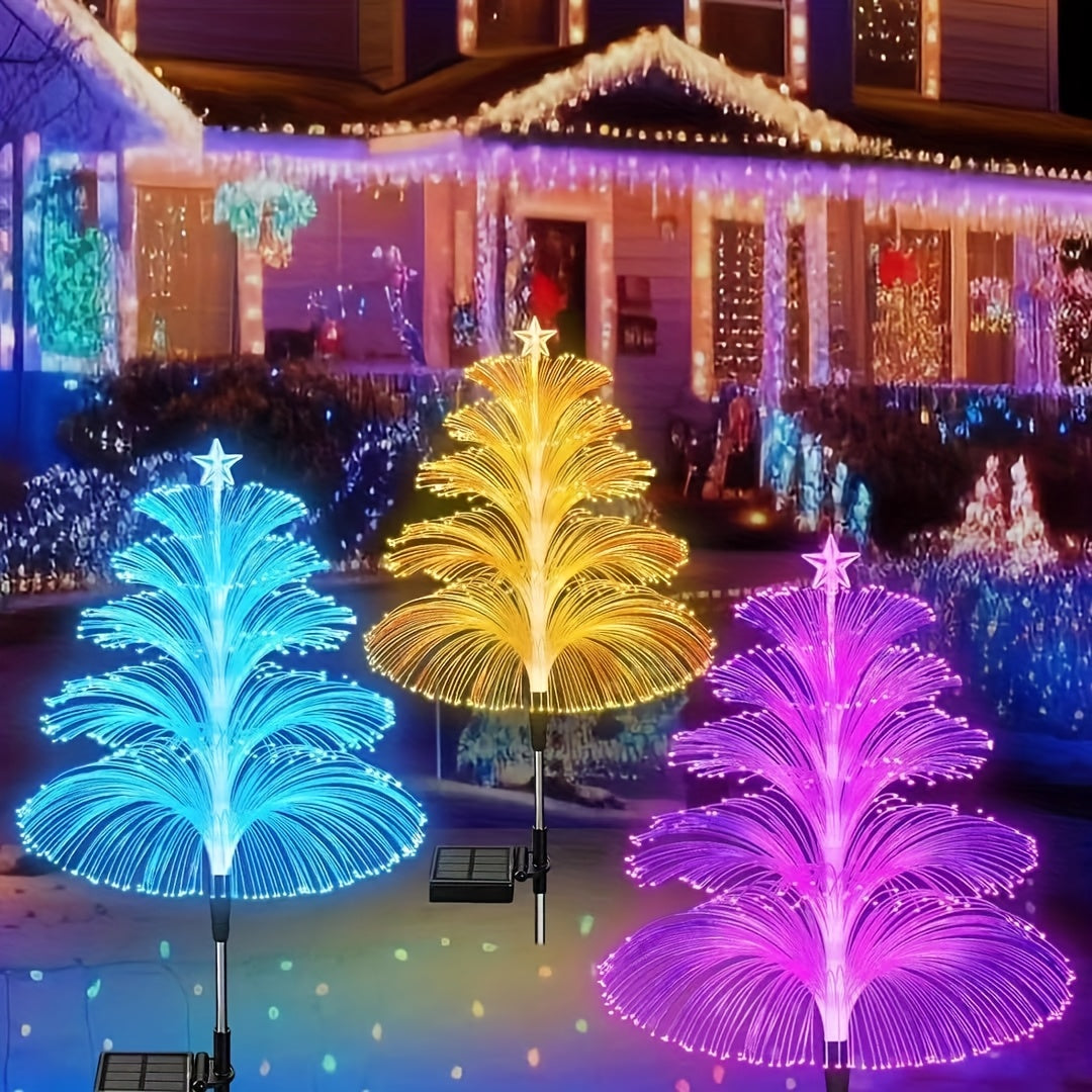Solar Christmas Tree Lights Fiber Optic Star, 7-Color LED IP65 Waterproof Garden Stake Lights — 2 or 5 Layer Star for Lawn, Pathway, Patio & Holiday Decor | 2, 4 or 6 Pack