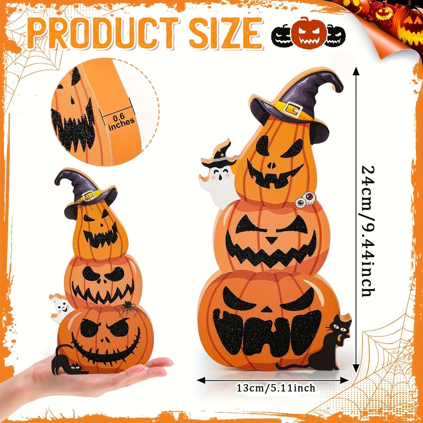 Set of 2 Adorable Halloween Tiered Trays Featuring a Glittery Wooden Pumpkin Stack Topped with a Witch'S Hat. Includes a Ghostly Witch Hat, Perfect for Halloween Pumpkin-Themed Centerpieces, Autumn And Winter Home Decoration (Non-Food Contact)