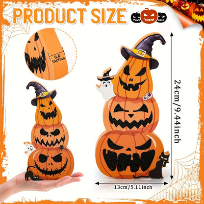 Set of 2 Adorable Halloween Tiered Trays Featuring a Glittery Wooden Pumpkin Stack Topped with a Witch'S Hat. Includes a Ghostly Witch Hat, Perfect for Halloween Pumpkin-Themed Centerpieces, Autumn And Winter Home Decoration (Non-Food Contact)