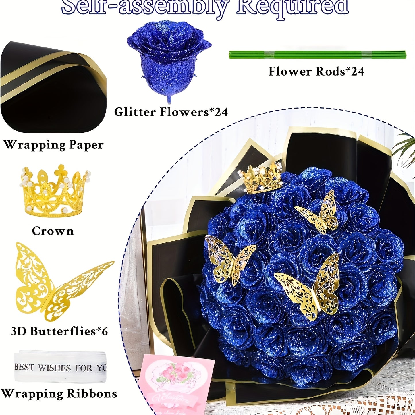 Roses Bouquet, Fake Glitter Flowers Bouquet, Everlasting Shiny Artificial Blue Rose Bouquet, Anniversary, Engagement, Wedding, 24 Roses Six Golden Butterflies (Gift of Materials)