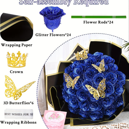 Roses Bouquet, Fake Glitter Flowers Bouquet, Everlasting Shiny Artificial Blue Rose Bouquet, Anniversary, Engagement, Wedding, 24 Roses Six Golden Butterflies (Gift of Materials)