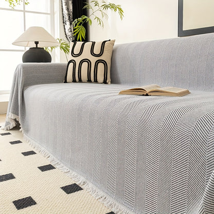 1pc of Herringbone Patterned Solid Color Sofa Cover, a Modern And Versatile Throw for Sofas, Designed to Be with Tassels, Made from Washable Polyester Fabric, Suitable for Single, Double, Triple, And Quadruple-Seater Sofas