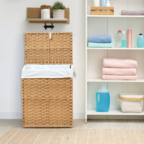 MCQ Sturdy & Stylish Laundry Hamper – Large Capacity Collapsible Rattan Storage Box with Lid Handles and Removable Liner, Sturdy Portable Woven BasketFoldable, Breathable for Home & Dorm
