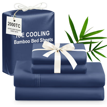 4pcs Bamboo Cooling Bedding - Extra Deep Pocket Breathable And Cooling - Suitable for Hot Sleepers And Sweats, Children Pillowcases, Flat Sheet And Fitted Sheet - A Perfect Gift for Family, Queen And King Sizes